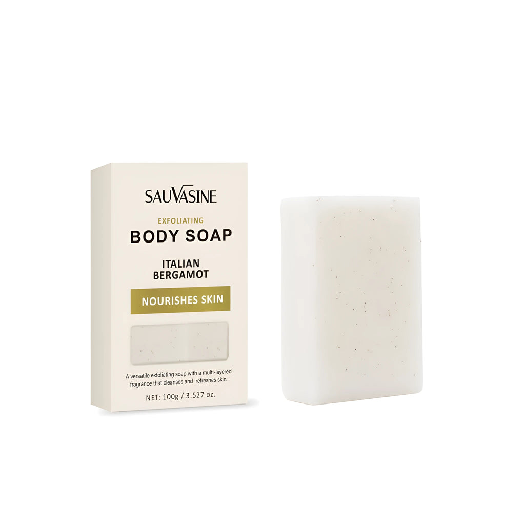 A single bar of exfoliating and moisturising bath soap for adult body cleansing.