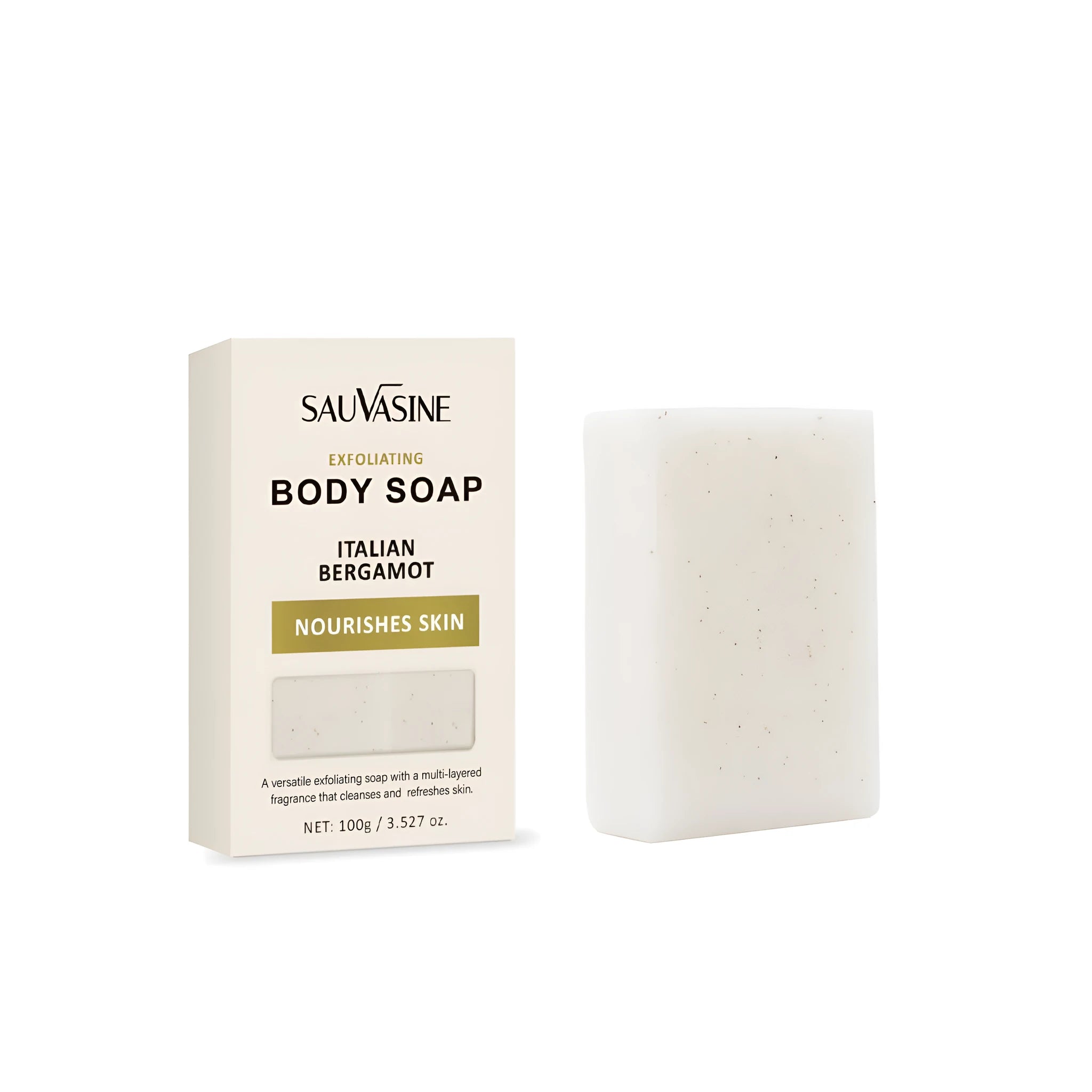 A single bar of exfoliating and moisturising bath soap for adult body cleansing.