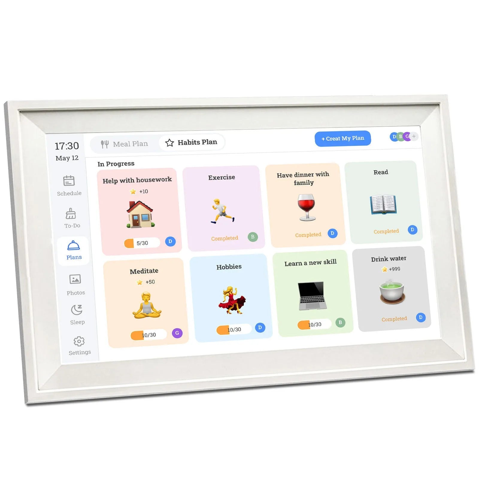 White 15.6 inch smart digital photo frame with app control on a wooden table