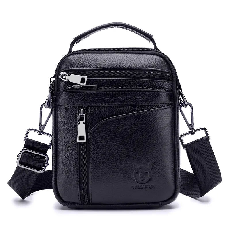 Black genuine leather retro style mens shoulder messenger bag for business casual and travel