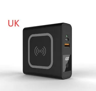 Black and white PD20W fast charging power bank with wireless capability and integrated plug