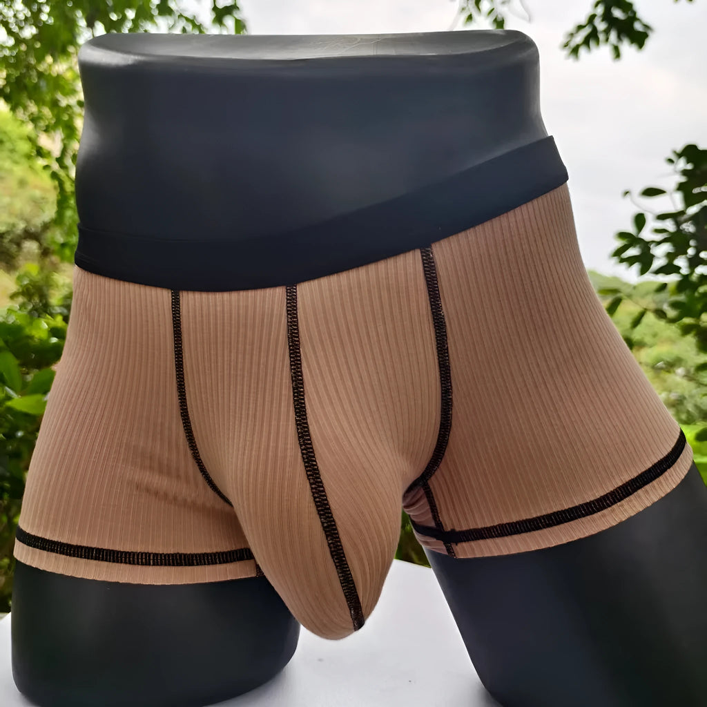 Men's breathable boxer shorts in army green colour showing lightweight fabric and shaping design