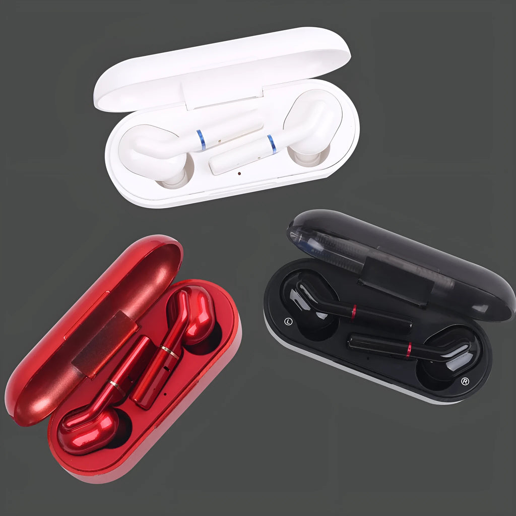 Black and white VV1 Bluetooth earphones with a compact charging case.