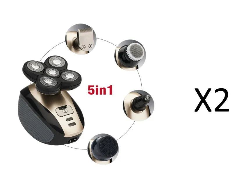 5-in-1 multifunctional electric shaver black gold with floating blades, rechargeable, IPX7 waterproof