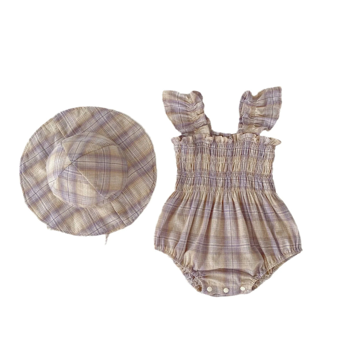 Baby girl plaid cotton onesie in purple or pink with free hat, thin summer triangle jumpsuit, sizes 66cm to 90cm