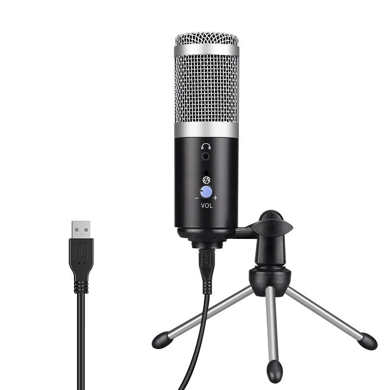 Silver grey computer microphone, 150mm tall and 40mm wide, with 68dB signal-to-noise ratio and omnidirectional pickup