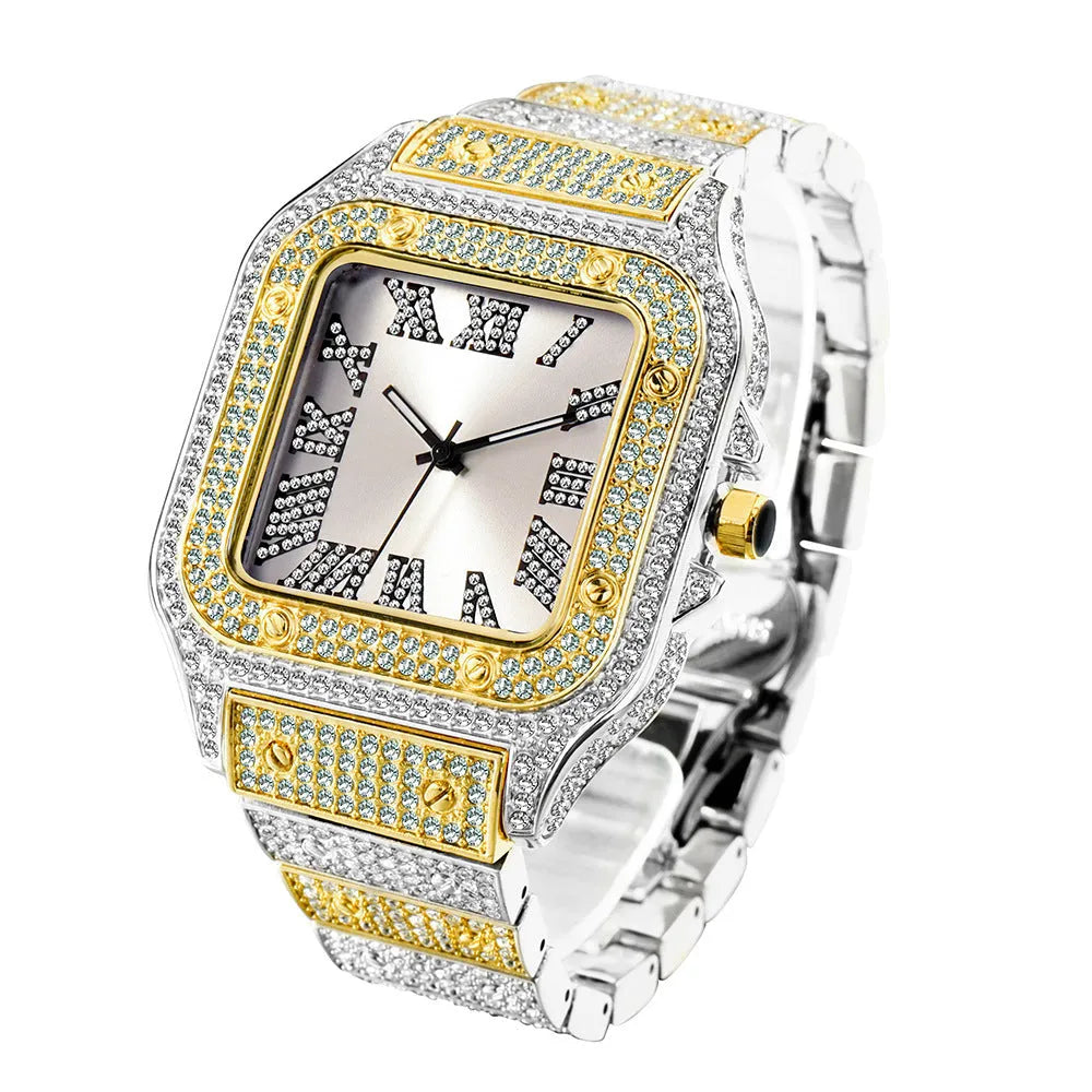 Fashion hip hop square men's watch with diamond detailing alloy strap silver white dial
