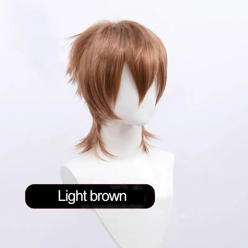 Short black anime cosplay wig with a lengthened hair tail on a wig stand.