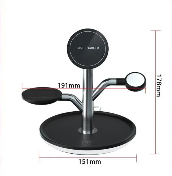 Black ABS+PC three-in-one magnetic suction wireless charger bracket with 15W output and USB interface for mobile phones