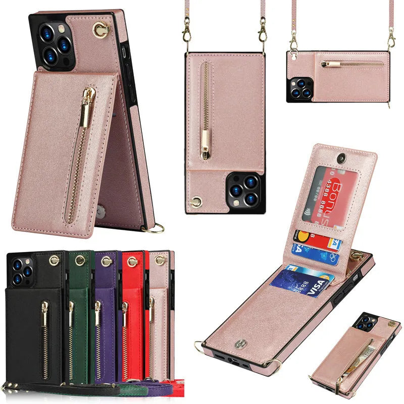 Crossbody TPU leather phone case with lanyard for iPhone 15 series, available in multiple colours