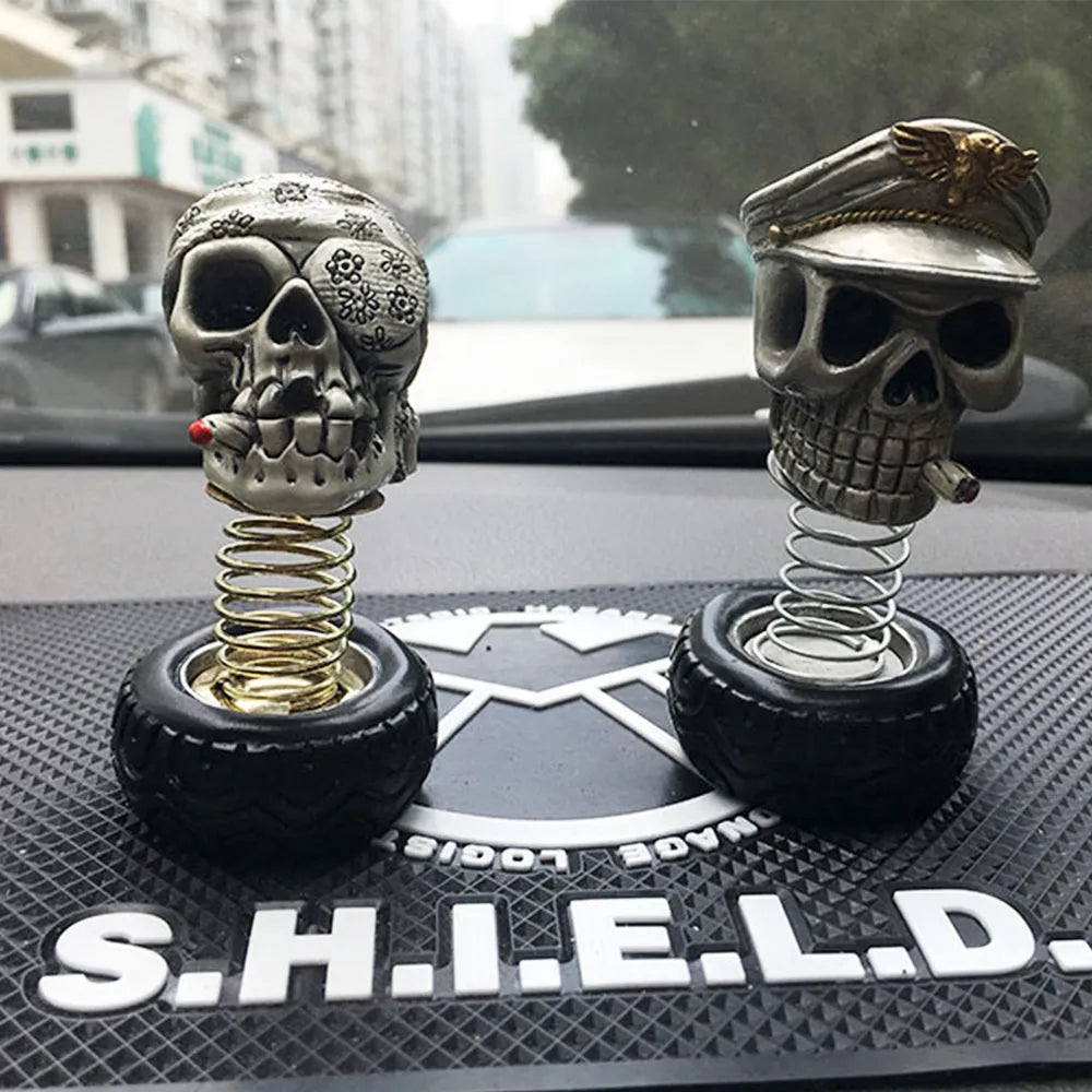 Resin skull car decoration in military cap style with swing head and sticker fix