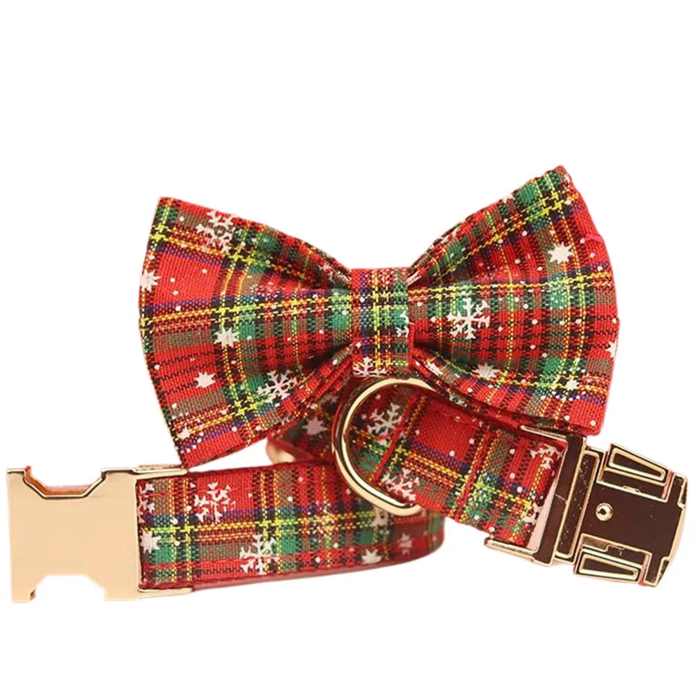 Red plaid snowflake Christmas dog collar, leash, vest and bow four-piece set