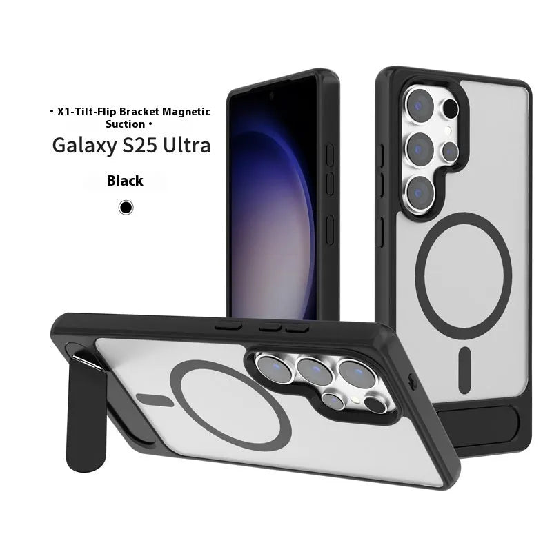 Magnetic suction phone case for Samsung S25 Ultra with Magsafe oblique turning bracket in black