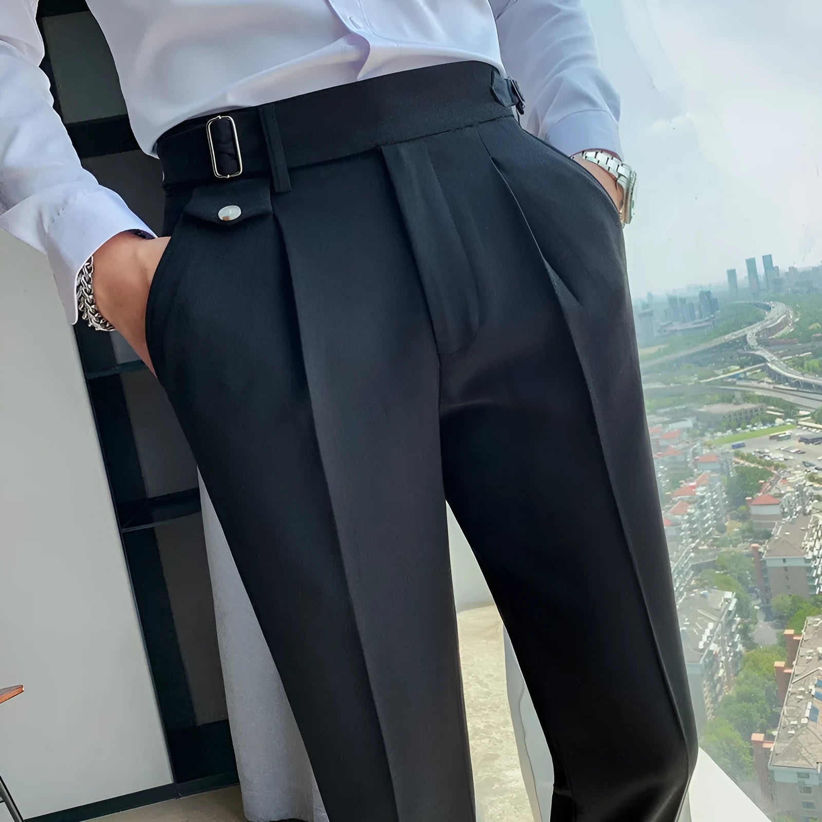 Men's straight-leg casual trousers in a solid colour, laid flat to show the fit and detailing.