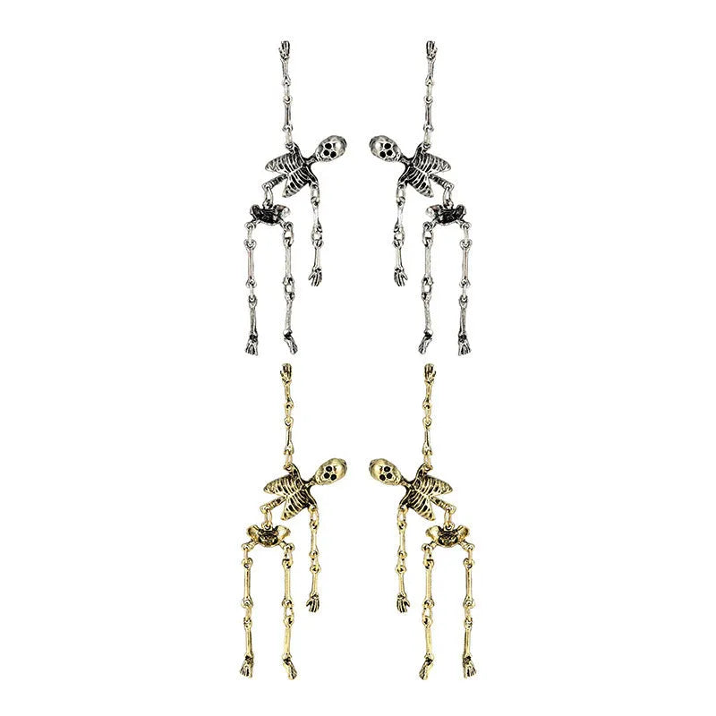 Exaggerated zinc alloy skull earrings in antique silver with line-patterned detailing, unisex design