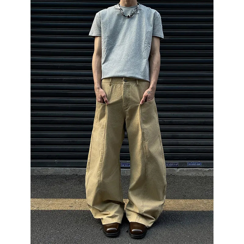 Men's khaki straight leg trousers in American retro style with solid colour cotton fabric