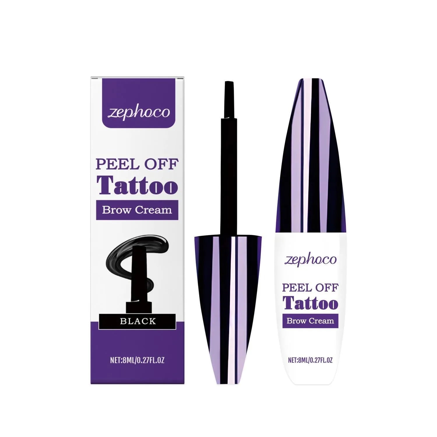 Tearable liquid eyebrow pencil with brush tip in black, brown, and light brown shades