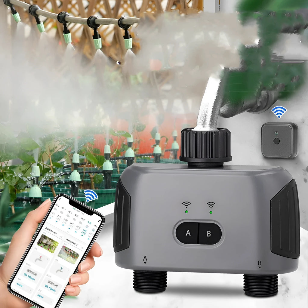 Bluetooth dual watering controller for mobile phone remote garden irrigation with hose connections
