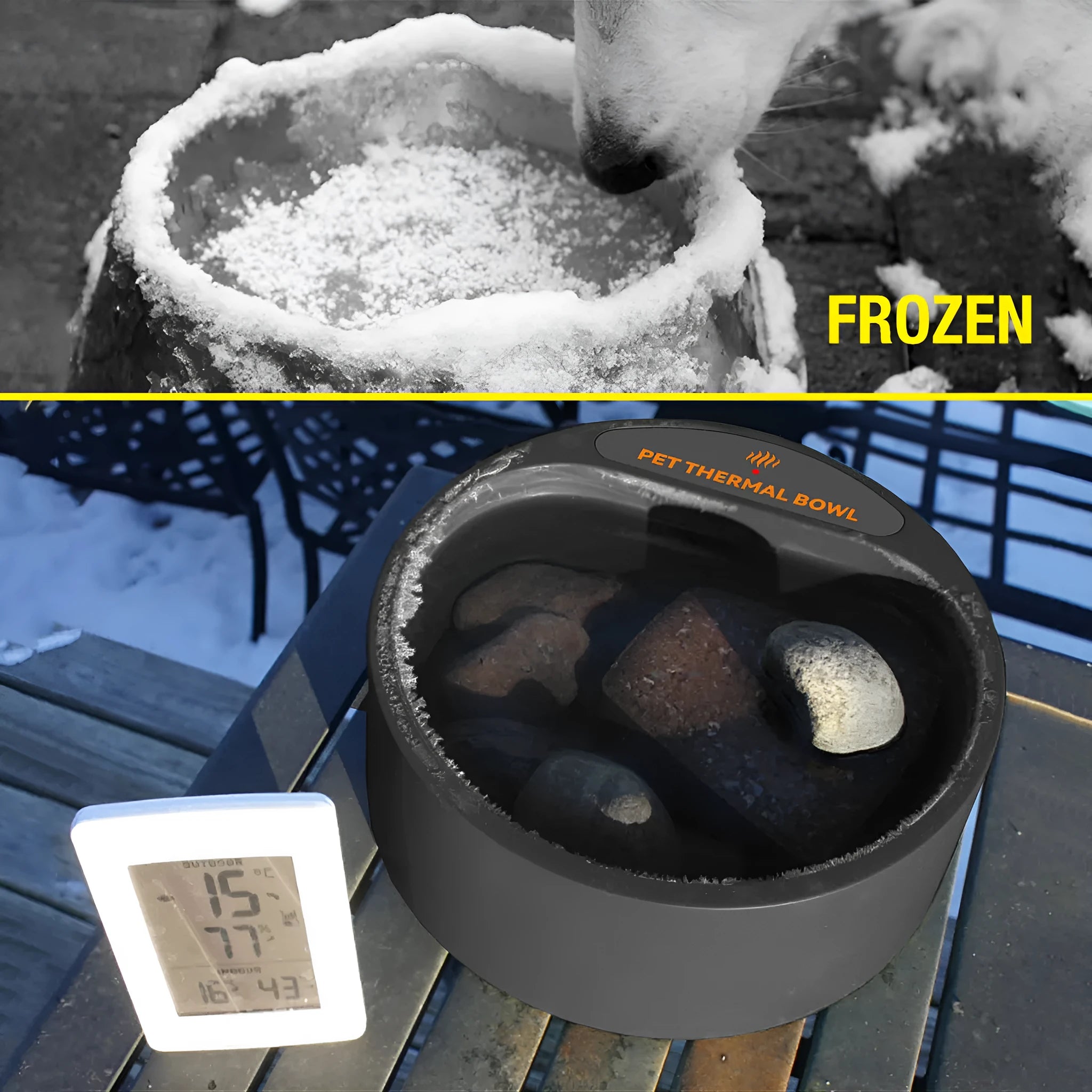 Black ABS heated pet bowl for dogs and cats with power cable, shown outdoors.