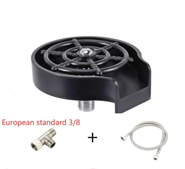 Black high pressure automatic stainless steel glass washer with ABS base and copper hose connection.