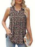 Plus size black floral print sleeveless vest on a hanger, loose fit.
