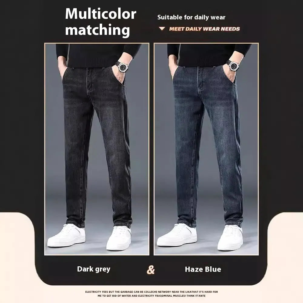Men's slim straight casual trousers in blue grey, showing loose fit and street style.