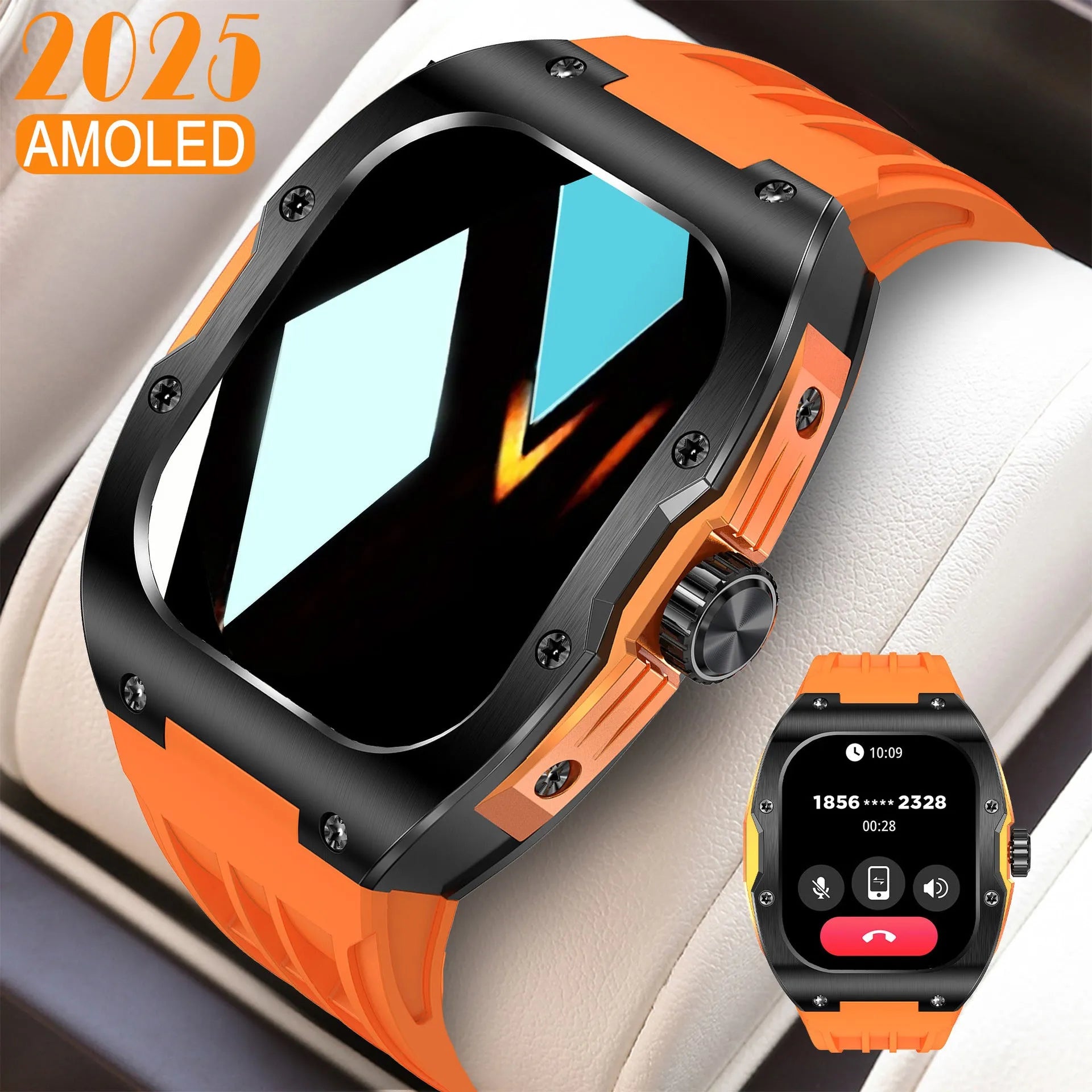 Men's black smart watch with AMOLED touch screen displaying fitness metrics on a blue silicone strap