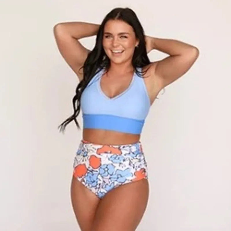 Women's blue polyester conservative vest split swimsuit I-shaped suit sleeveless adult female swimwear