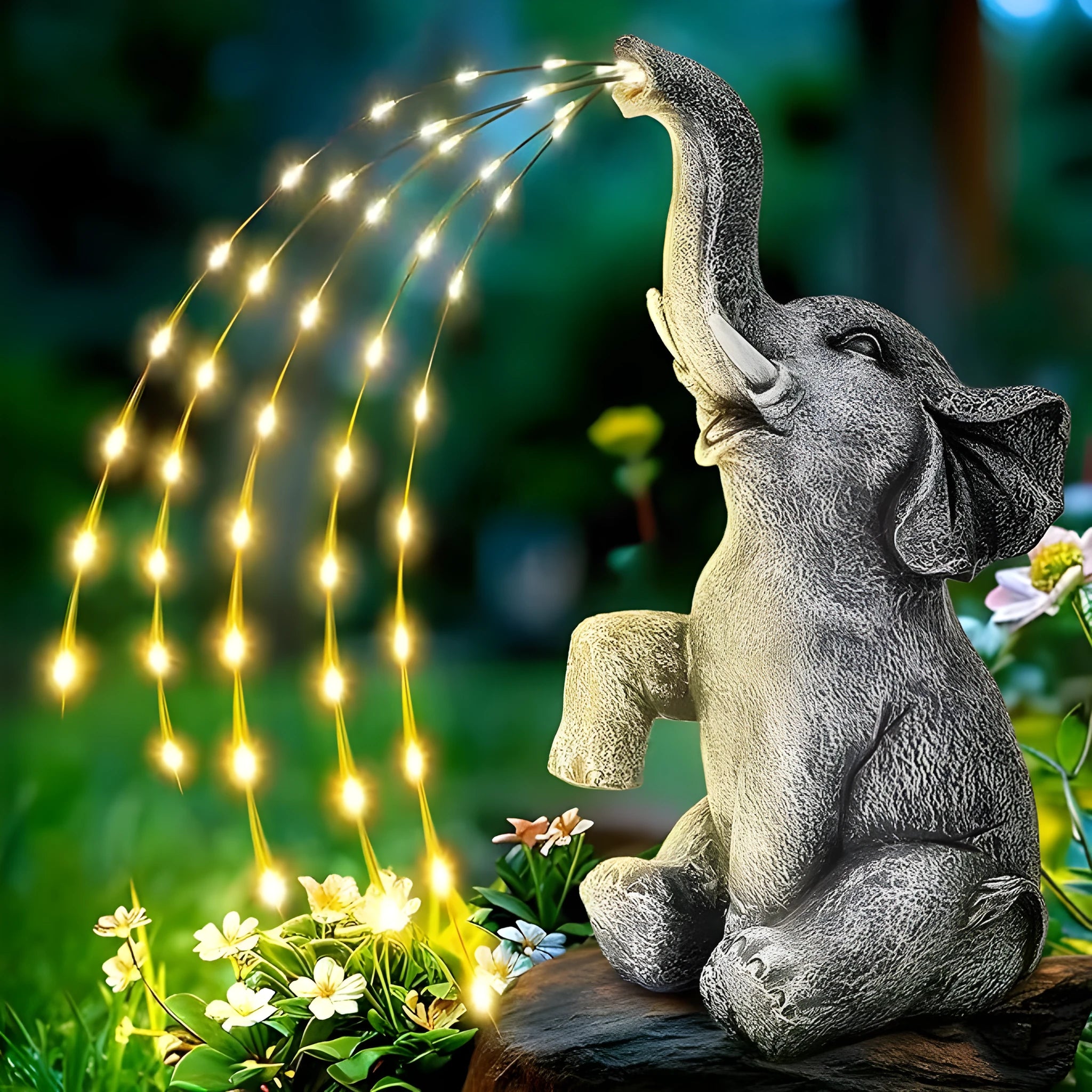 A textured resin elephant garden statue with a built-in LED light strip illuminating its back, placed amongst plants.