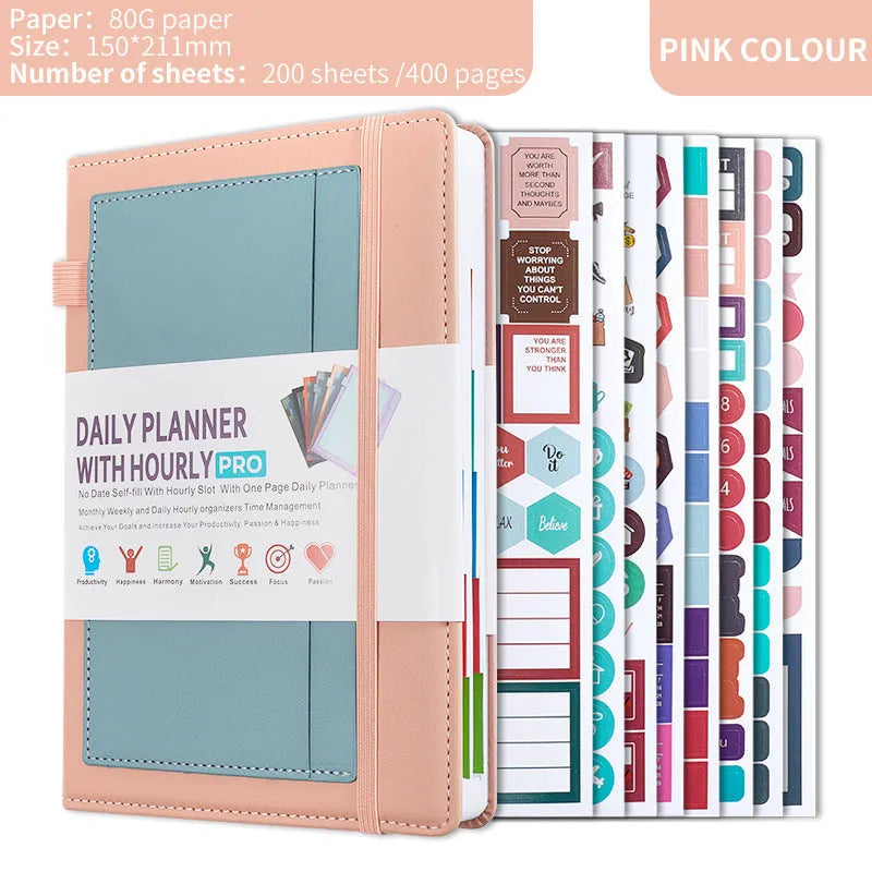 A5 no-date notebook with soft PU cover shown in purple, green, grey, black, pink, and orange, with planning stickers
