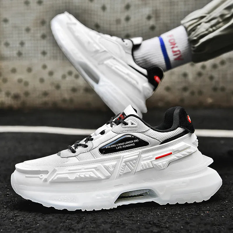 Popcorn platform running sneakers in white with KPU mesh upper and low-top design