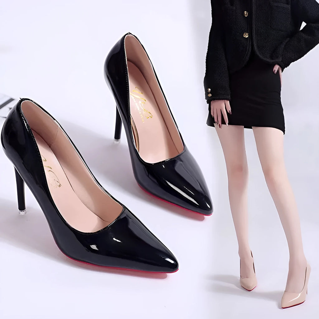 Women's pointed toe stiletto pump in a solid colour, showing the shallow mouth and high heel.