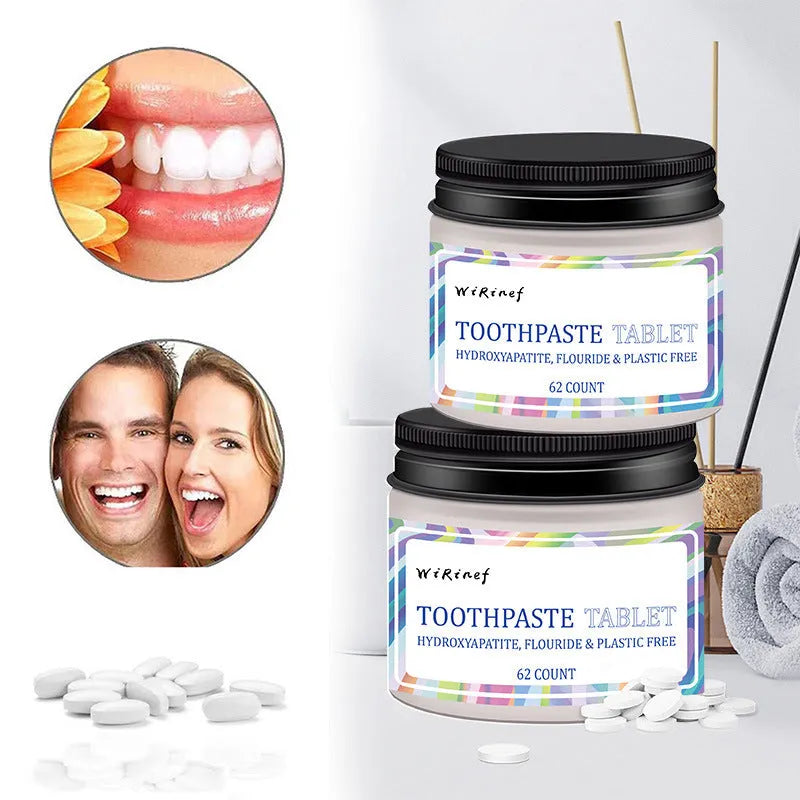 62-count pack of portable white solid toothpaste tablets for chewing and cleaning teeth, TP19 flavour.