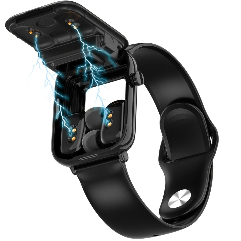 Black smartwatch with touchscreen on wrist next to its open magnetic charging case holding two wireless earbuds.