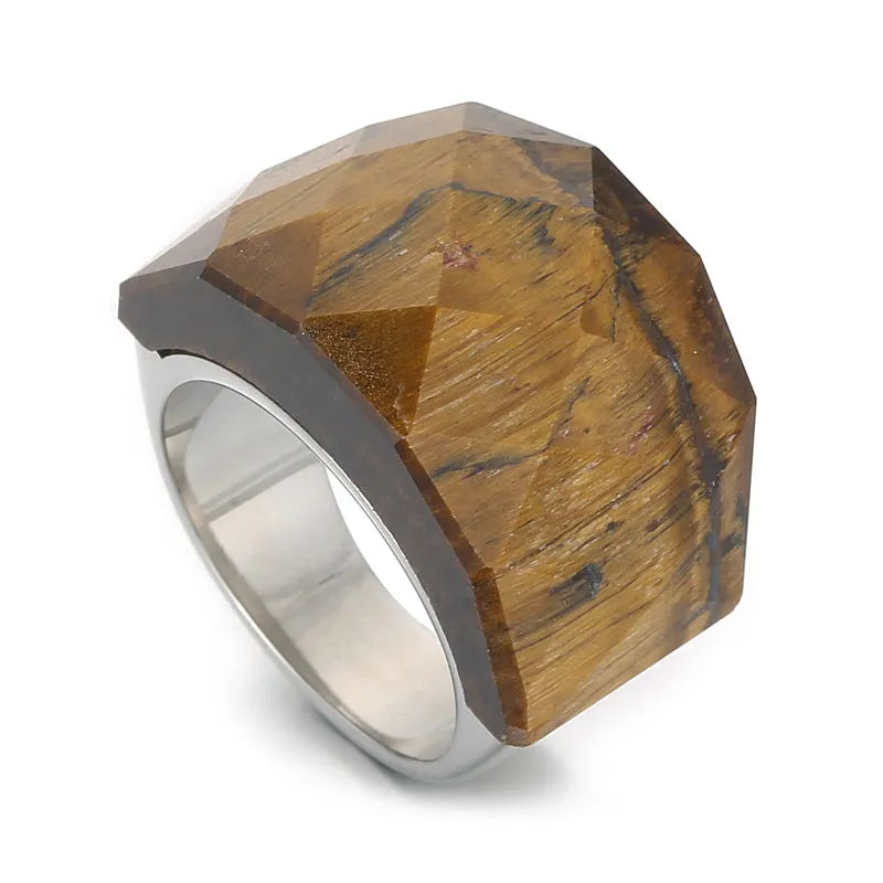 Women's geometric stainless steel natural stone ring with 17mm width in electroplated finish