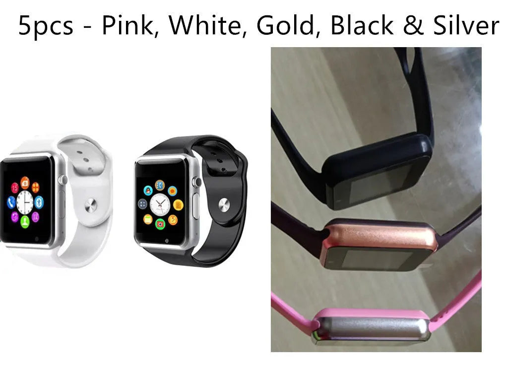 A1 Smart Watch in multiple colours on wrist showing 1.54-inch touch screen and camera.