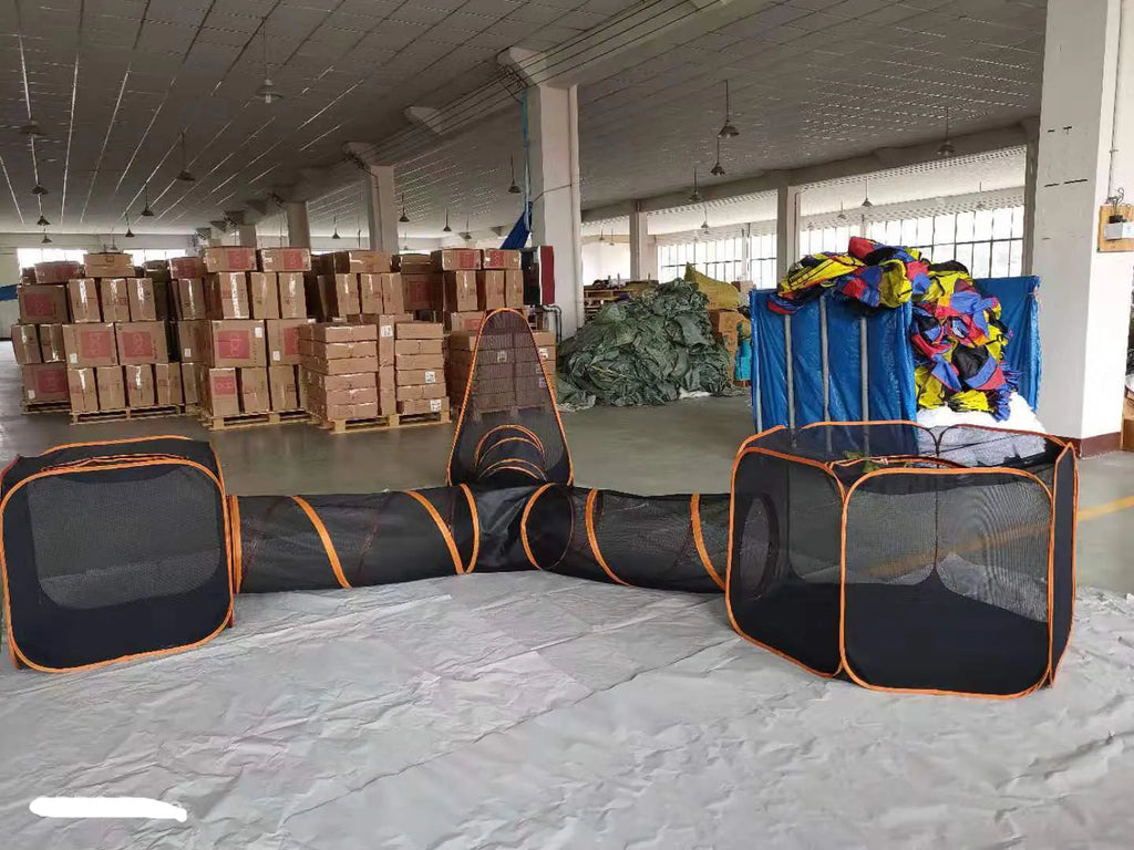 Pet folding toy outdoor game channel fence in black mesh fabric with 6 piece set showing square configuration
