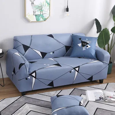 Printed geometric stretch sofa slipcover on double seat sofa in modern simplicity style