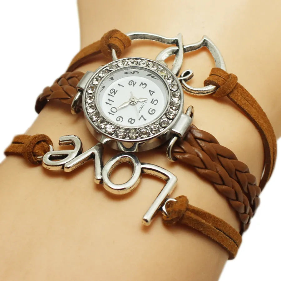 Double heart-shaped dial multi-layer watch with woven strap, available in 11 colours including pure black and sky blue