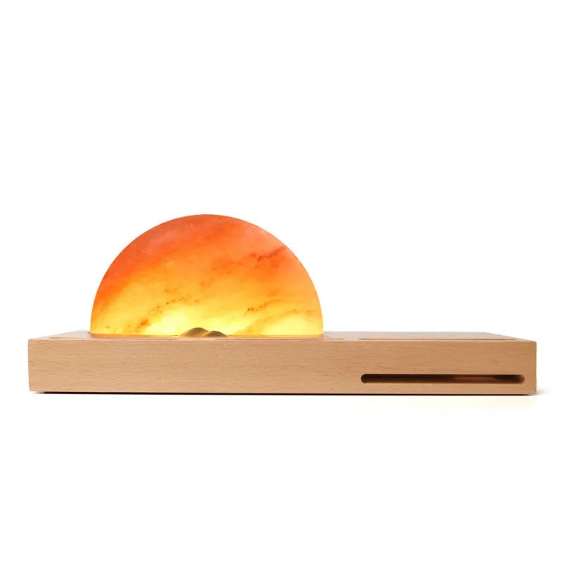 Sunrise Oriental wooden base salt lamp with natural crystal shade and integrated wireless phone charging pad