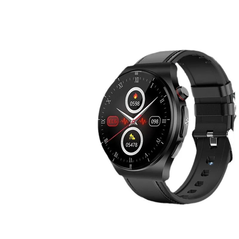 Black and white smart watch with TFT screen, blood pressure and heart rate monitoring, charger and strap included