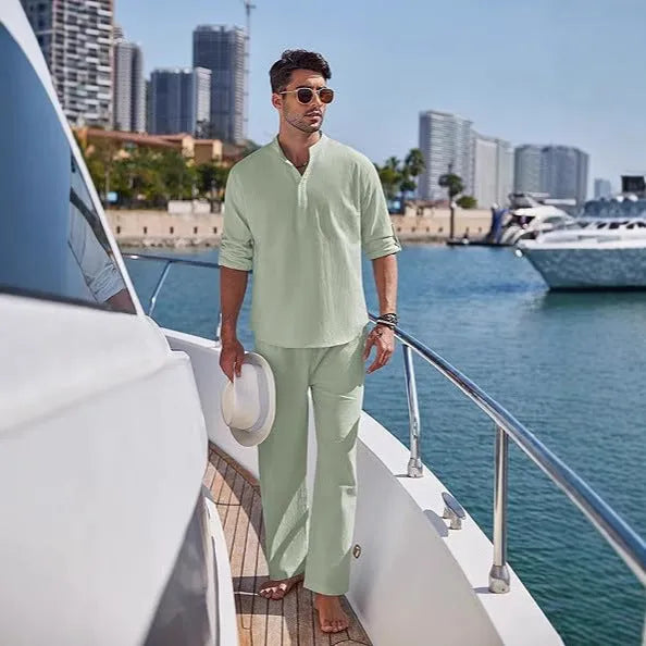 Men's solid colour cotton casual suit with long sleeve top and trousers in beige, black, green, navy, sky blue or white