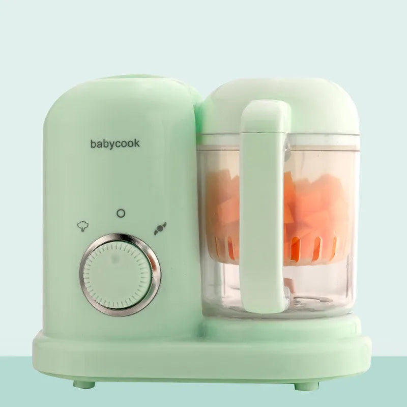Baby food processor with steamer and blender functions in green colour with dual mixing blades