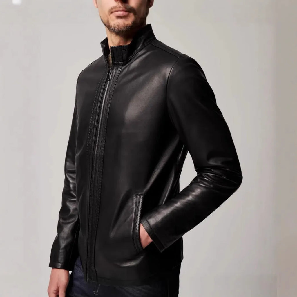 Men's black retro jacket with regular fit, long sleeves, straight hem, and no hood, shown in sizes S to XXXL