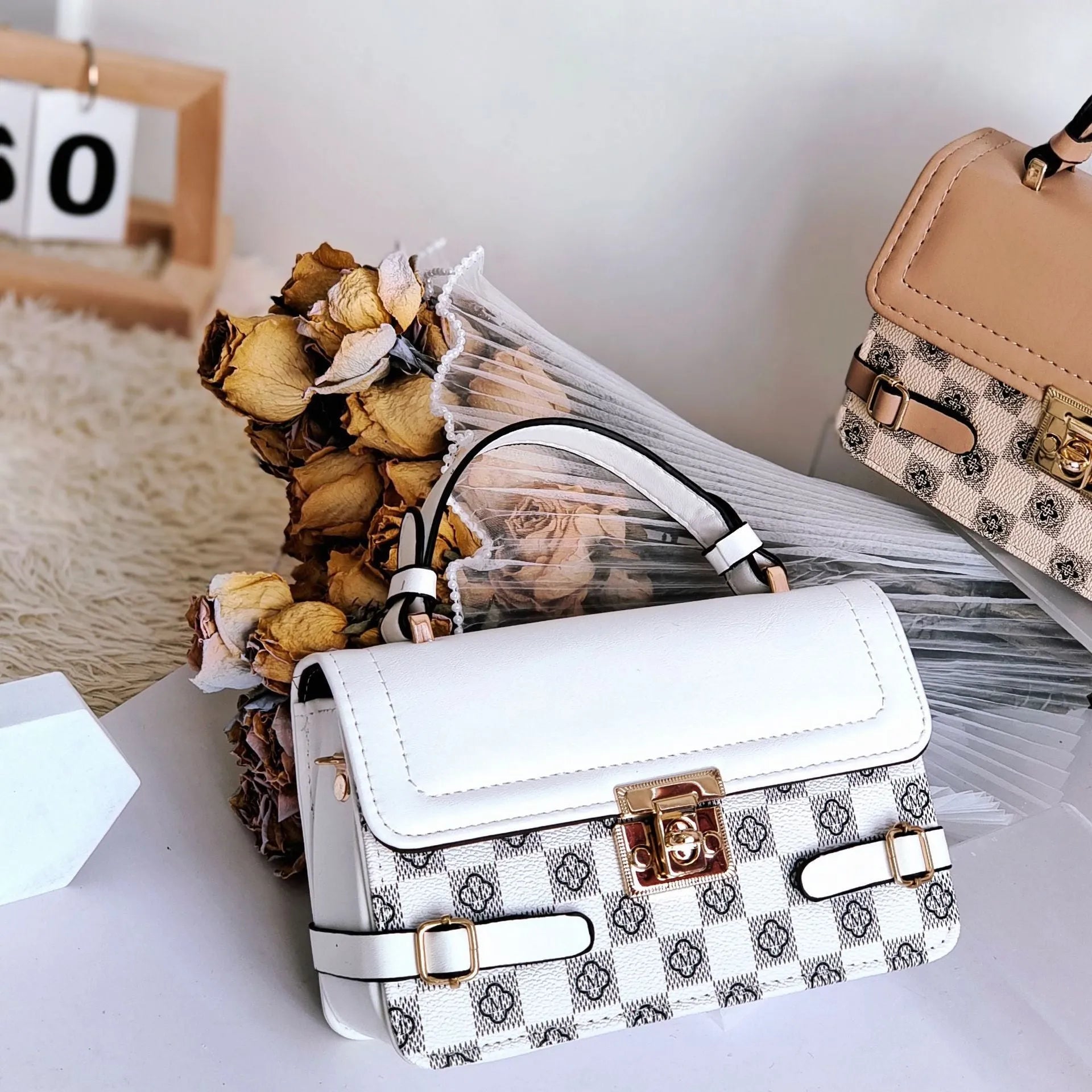 Retro small square PU leather crossbody bag with floral embroidery and plaid pattern in apricot colour.