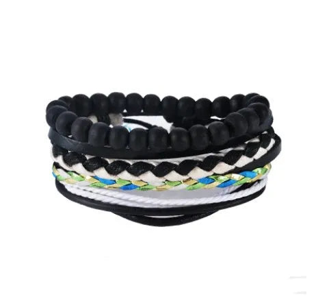 Handwoven adjustable leather bracelet with multilayer wooden beads and rope for a vintage punk style.