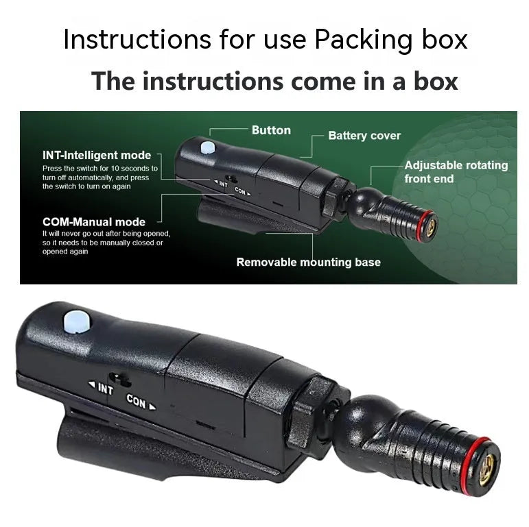 Golf putter laser aiming instrument accessory shown with style options including laser sight, zipper box, and tripod.