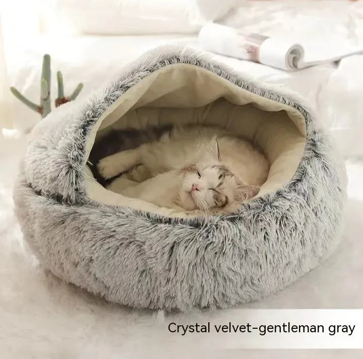 Round plush pet bed in brown for cats and small dogs, size 40cm
