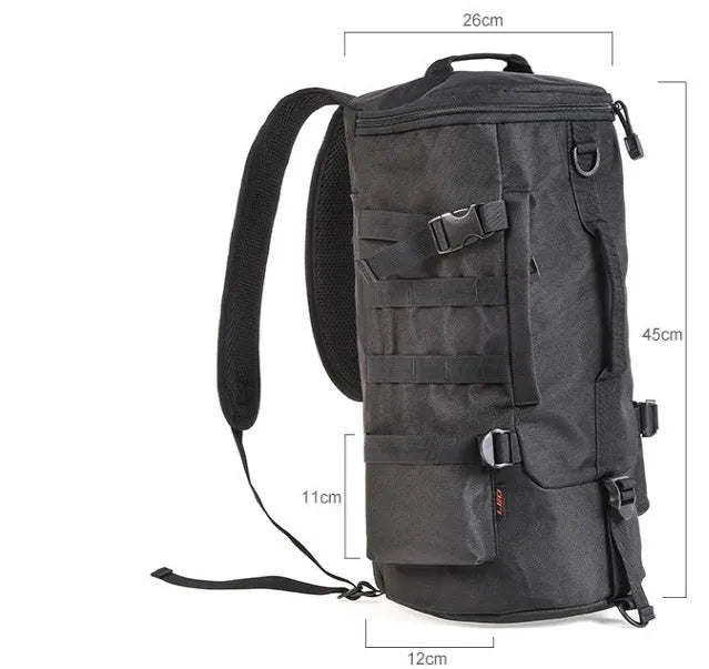Black polyester cylinder fishing tackle backpack with dual-shoulder straps, 23-litre capacity