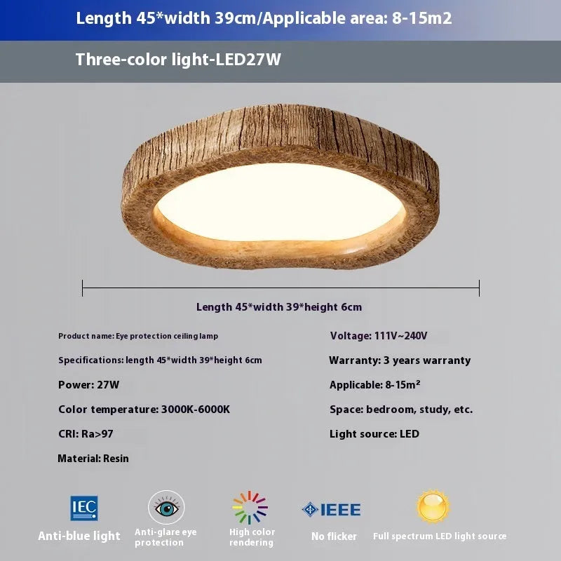 Wood grain finish Chinese-style ceiling light in three sizes: 35cm, 45cm, and 54cm round diameters.